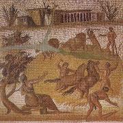 unknow artist Mosaic from the Roman villa at Zliten in Tripolitania showing horses and cattle threshing corn oil painting reproduction